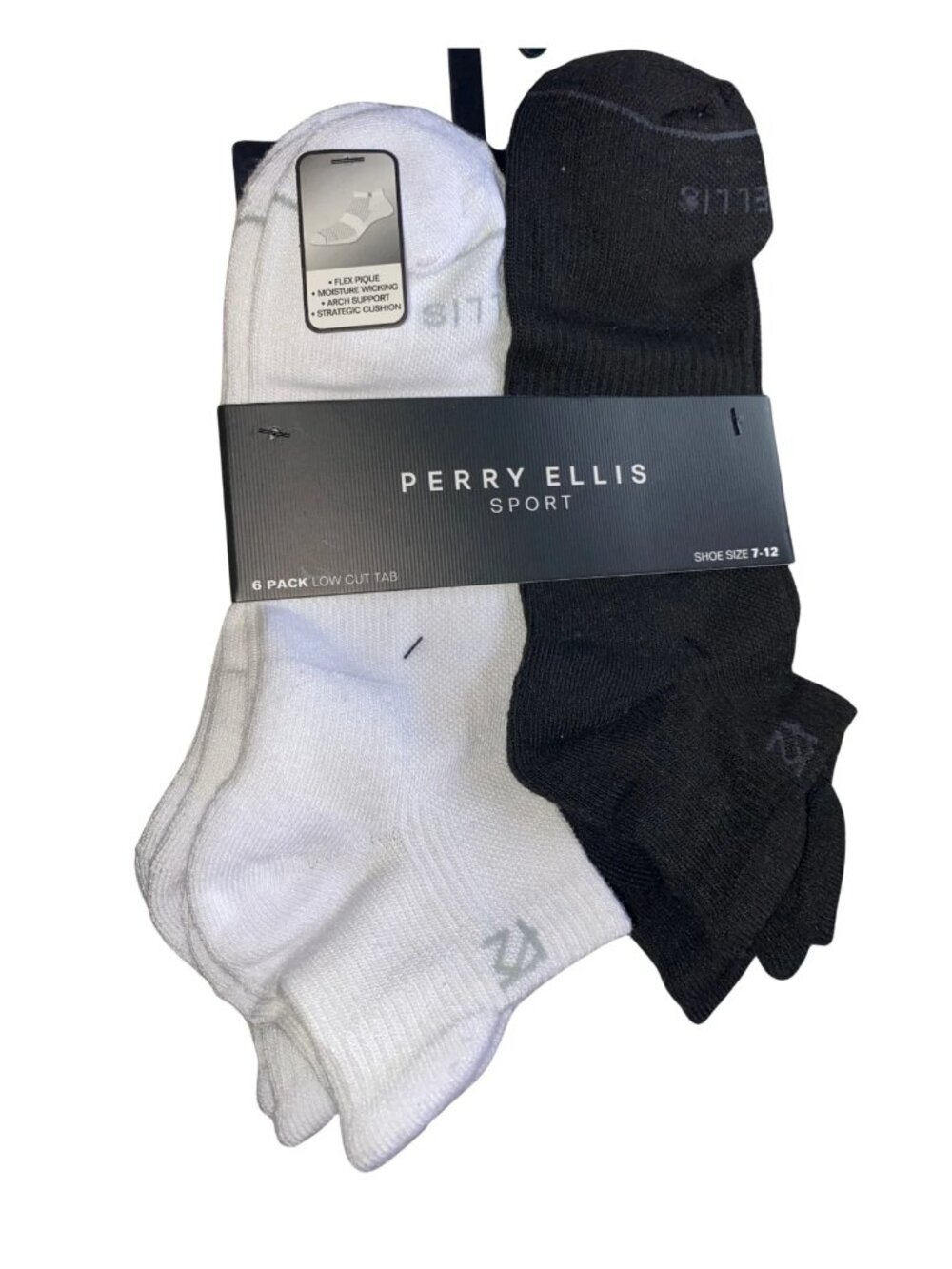 Perry Ellis Sport 6 Pair Men's Low Cut Tab Socks, Black & White, Shoe Size 7-12